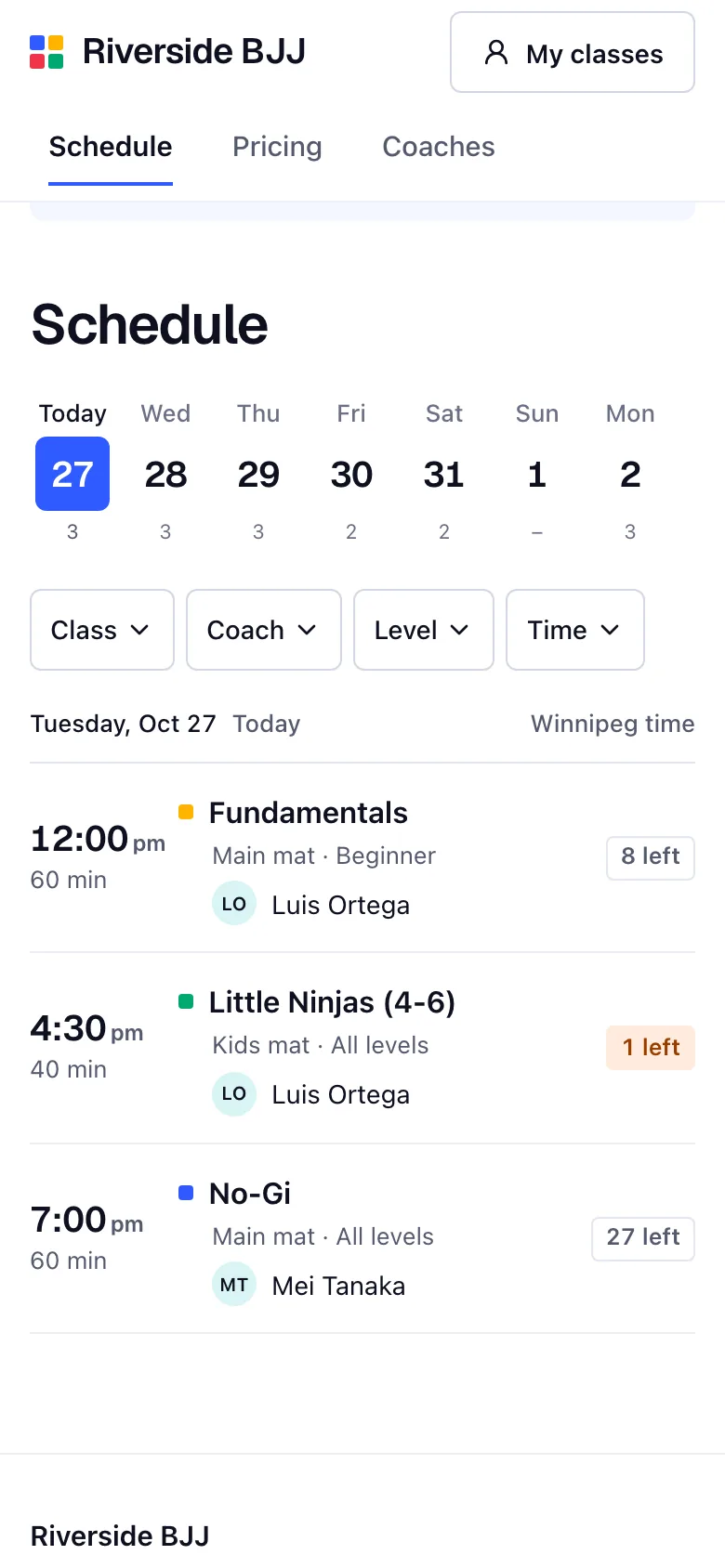 Bookify Martial Arts schedule on a phone with adult and kids classes, coaches and places left.