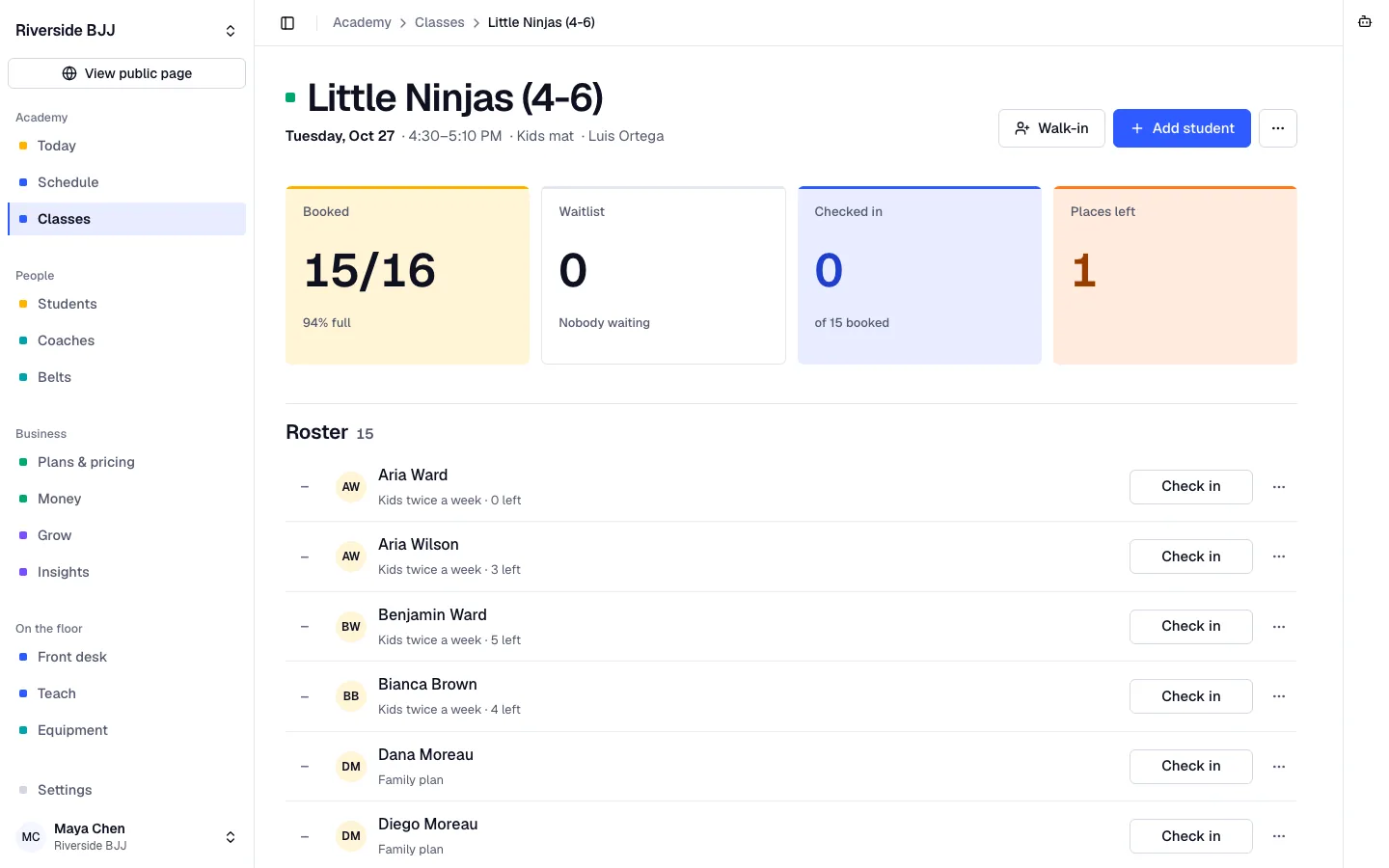 A martial arts class in Bookify Martial Arts: the roster with each student's belt and check-in buttons.