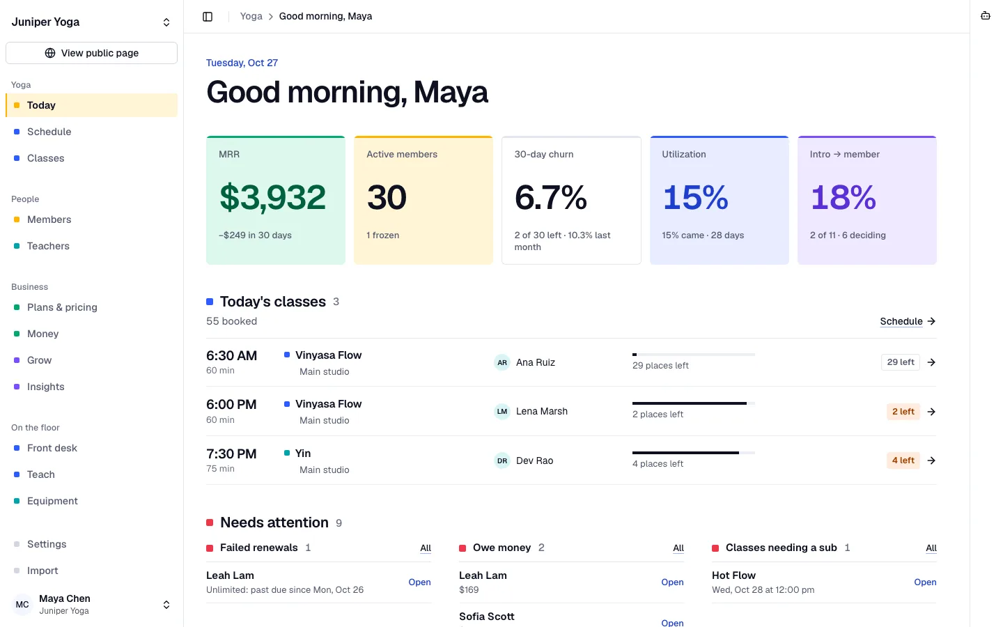 Bookify Yoga owner home for a sample yoga studio: monthly revenue, active students, churn, utilization and intro conversion above today's classes.